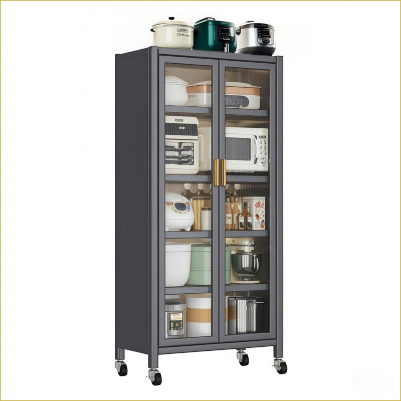 Armoire de rangement 65 po en métal gris moderne | Portes transparentes | Roulettes verrouillables
