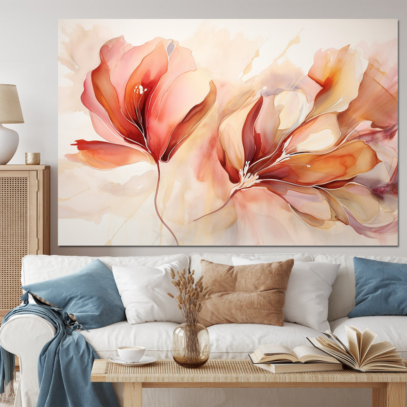 «Peach Petal Dance - Abstract Botanicals», art mural encadré