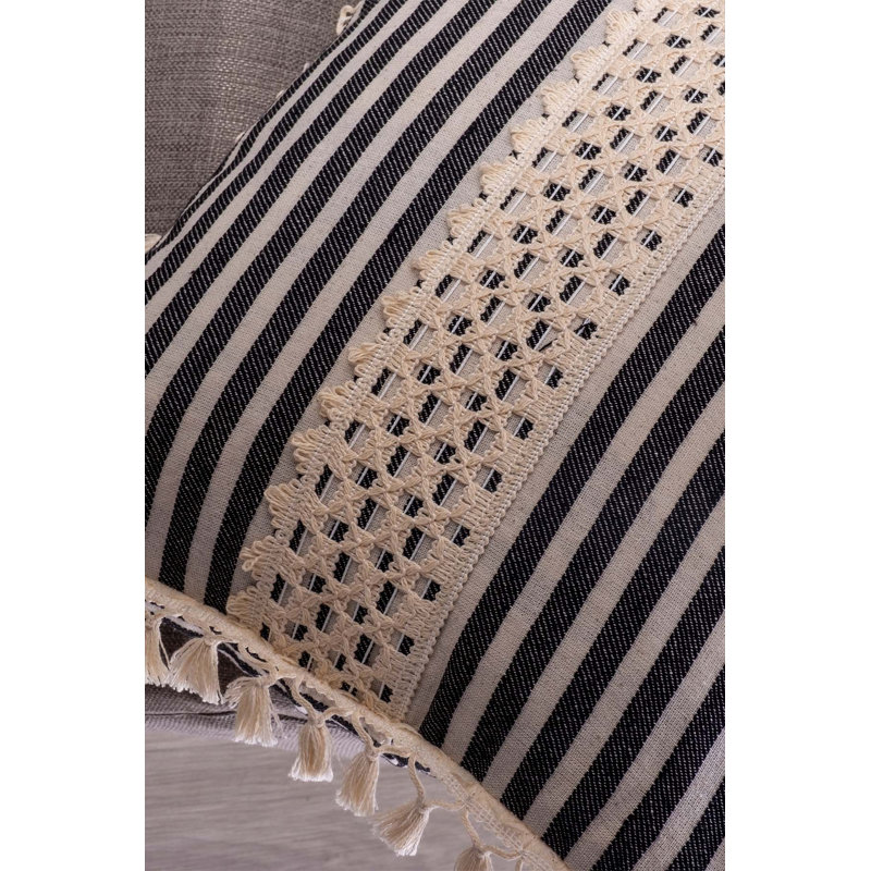 Arum Striped White Square Cushion Cover, Black