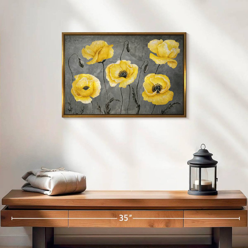 Coquelicots jaunes, Cadre flottant doré, 19 po x 13 po