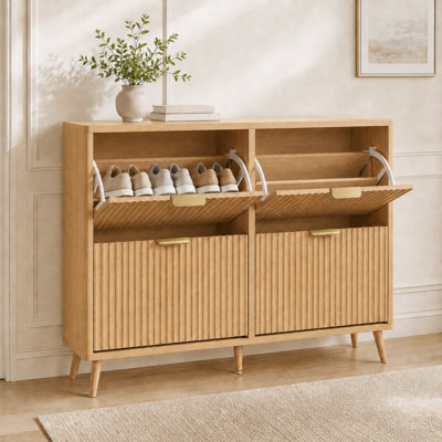 Shoe Cabinet With Flip Drawers, Wooden Shoe Organizer With Hidden Storage, For Hallway And Entryway