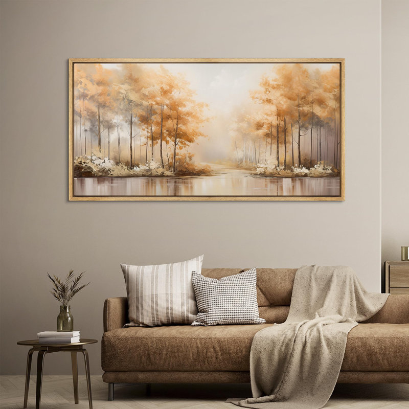 Rustic Countryside Elegant Forest Landscape Warm Tones Vintage Inspired Stripes Decor, impression encadrée sur toile, Naturel