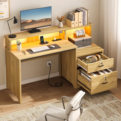 Bureau d'ordinateur 55 "avec prise de courant intégrée, 2 tiroirs, bureau d'écriture pour bureau à domicile