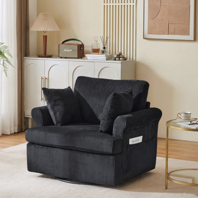 Swivel Corduroy Barrel Chair Accent Chair with Turntable and Side Storage Pocket for Living Room
