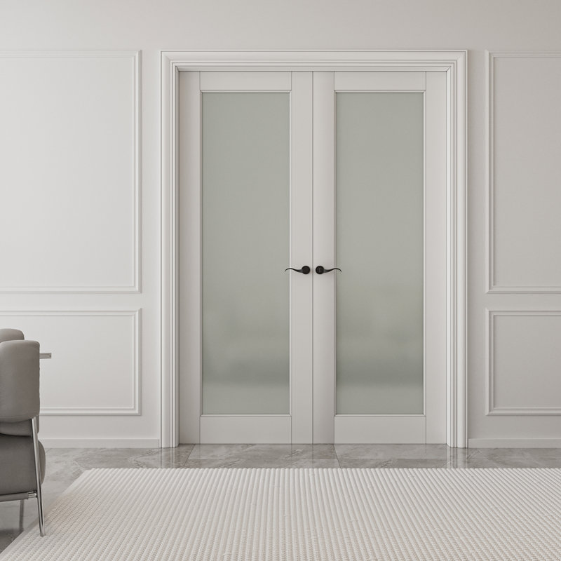 Portes doubles intérieures en bois massif en verre givré 1-Lite, 48 po x 80 po, Quincaillerie argentée