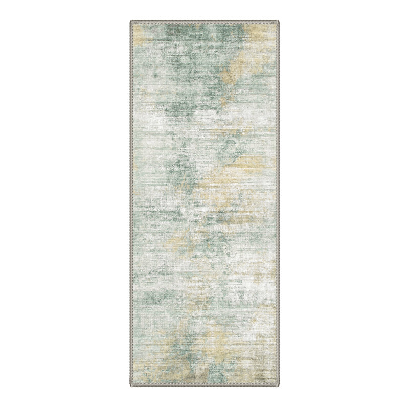Swoosh Ivory / Sage Indoor Abstract Area Rug,Machine Washable,With Non-Slip Backing, Runner 2'3" x 6', Ivory,Sage