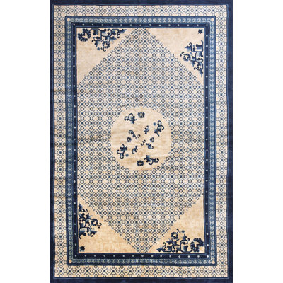 Vintage Mid Century White and Blue Chinese Wool Pile Peking Area Rug