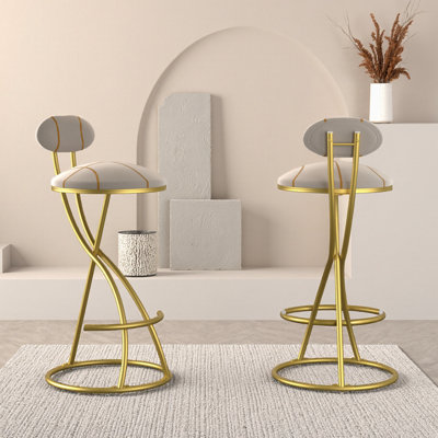 Ensemble de 2 tabourets de bar en velours rayé noir, tabourets de cuisine modernes en métal avec repose-pieds