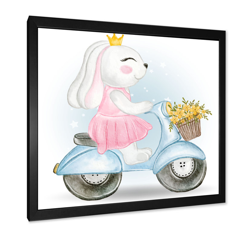 Caricature de lapin mignon chevauchant un scooter - reproduction d'art sur toile, H 36 po x l 36 po x P 1,5 po, Cadre noir