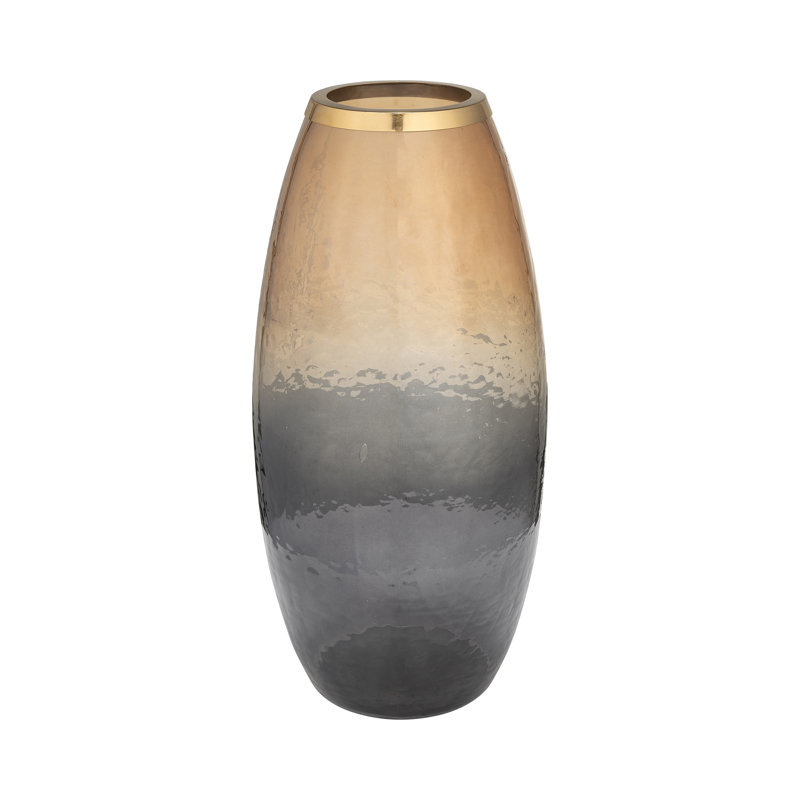 Vase en verre avec anneau en métal, bronze, H 18 po x l 9 po x P 9 po