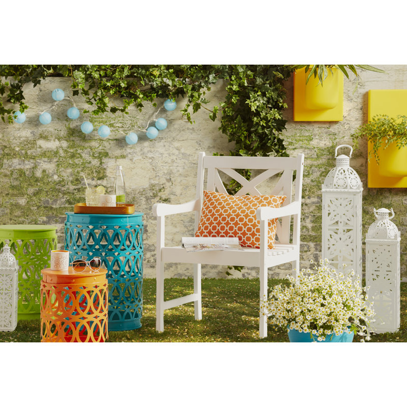 Multi Colored Metal Indoor Outdoor Nesting Accent Table with Carved Trellis Design 3 - Pieces, Blue/Green/Orange