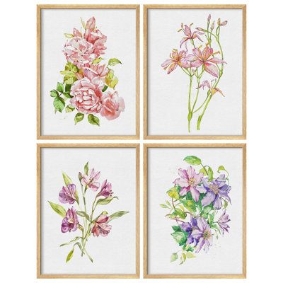 " Watercolor Floral Pink And Purple Flower Modern Artwork Minimalist Wall Art Decor " 4 - Pieces
