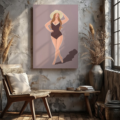 Toile, création d'une illustration minimaliste d'une femme confiante debout avec un art mural, une main sur sa hanche et l'autre ajustant un art mural sur toile