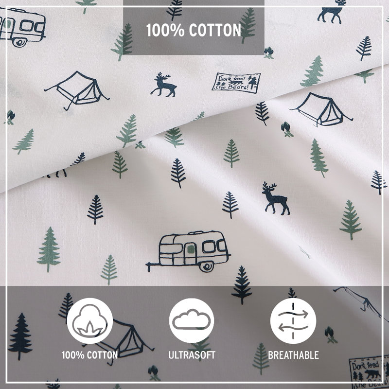 Campout Blue Graphic Cotton Percale Twin XL Sheet Set