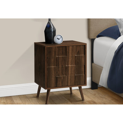 Table d'appoint en noyer stratifié pour la chambre à coucher: hauteur de 23 po, pieds en bois massif, rangement avec loquet, espace de salon ou de chambre à coucher de style Mid-Century: hauts, armoires, design inspiré