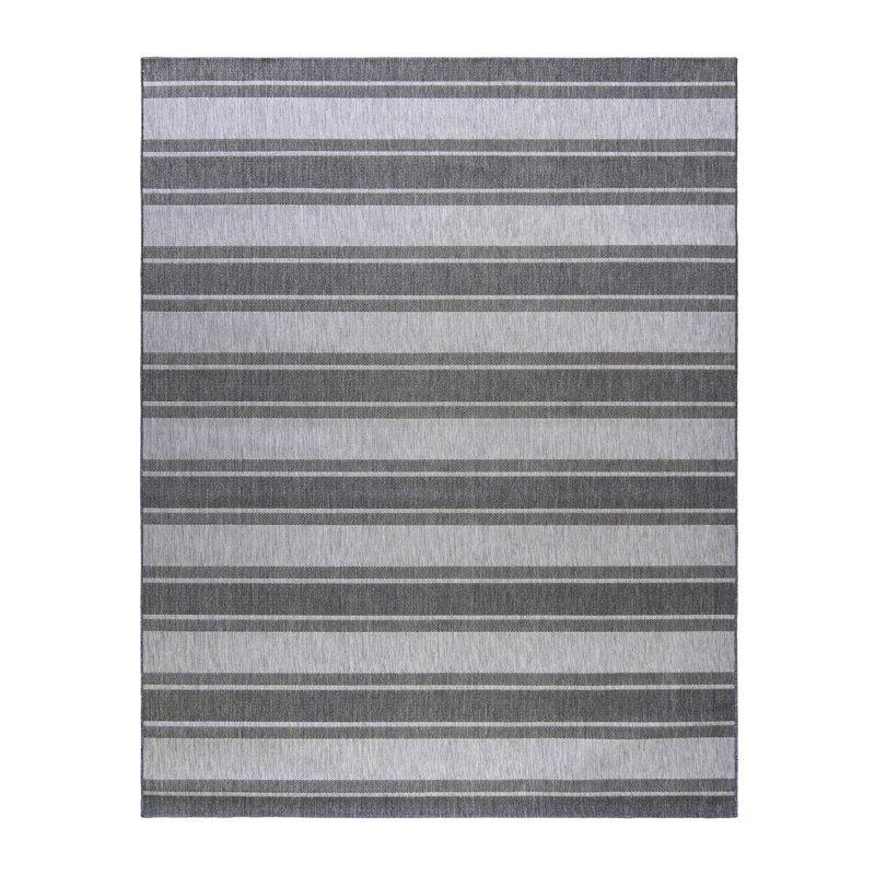 Solterra Renzo Gray Cream Ivory Modern Stripe Flatweave Polypropylene Indoor/ Outdoor Area Rug, Rectangle 5'3" x 7'