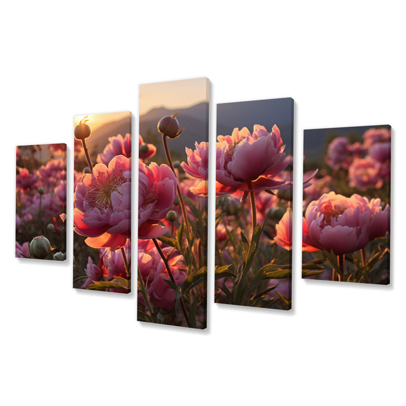 Reproduction d'art sur toile, pivoines roses et coucher de soleil - 5 panneaux