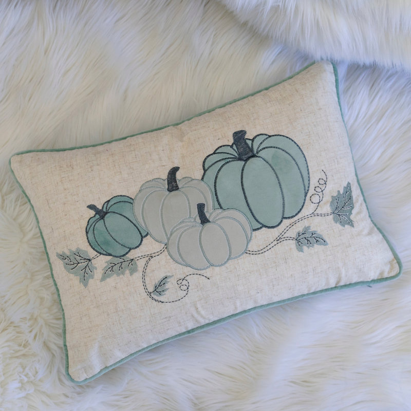 Coussin lombaire brodé citrouille, Bleu