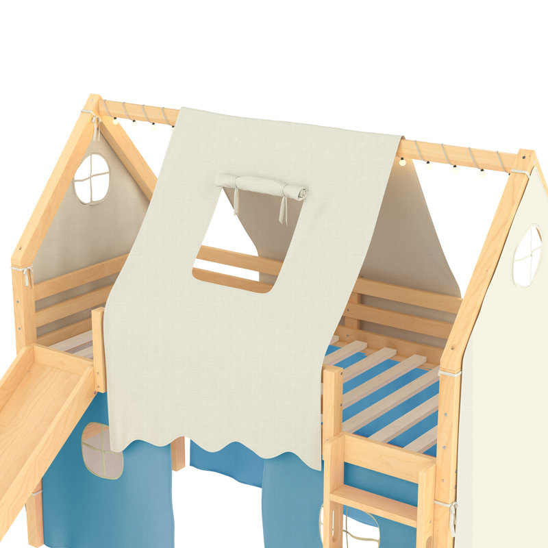 Lit mezzanine simple avec rebords et tentes, lit mezzanine en bois massif avec échelles et glissade, design chic avec lumières, pas de sommier tapissier, naturel + bleu