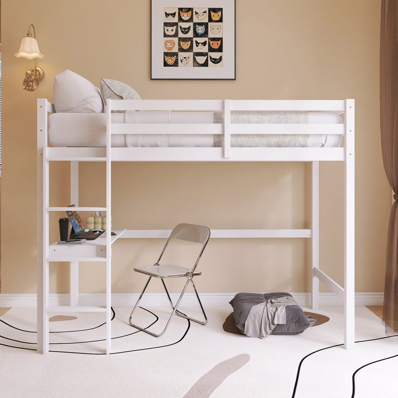 Wood Frame Twin Loft Bed With Safety Guardrail, Built-In Desk, White