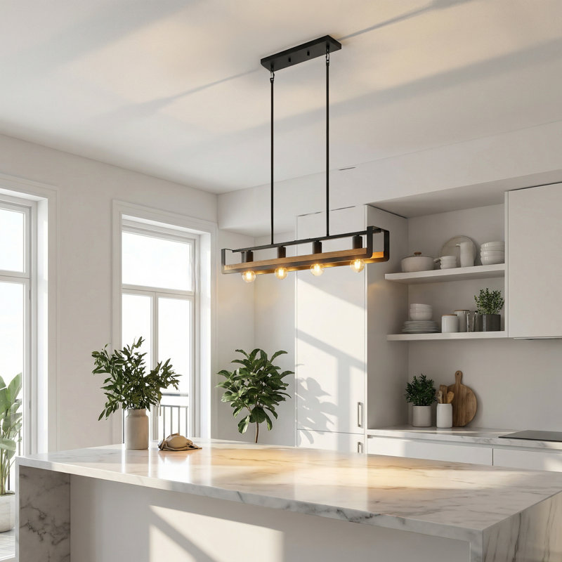 Luminaire suspendu linéaire en bois et métal noir 4 lumières Aldo, 4 lumières