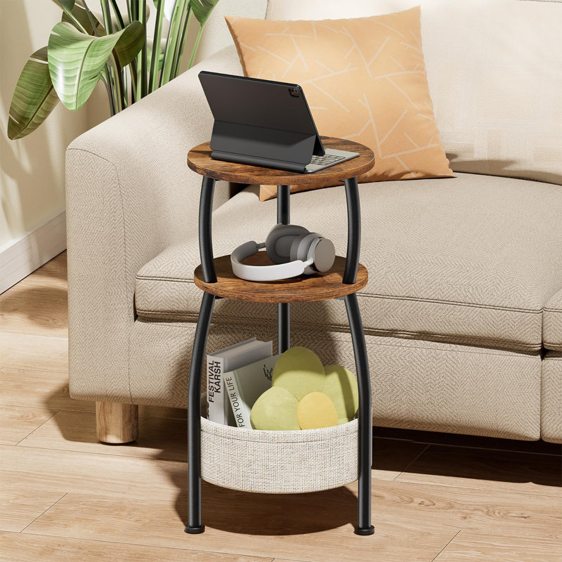 Petite table de bout ronde pour le salon avec panier de rangement, Brun / Noir