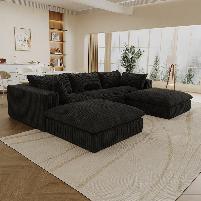 118.2" Cloud Sofa,Corduroy Fabric,Deep Seat Couches,Double-Layer Design,Removable Cushion,No Assembly, DIY Combination For Living Room, Bedroom,Conference Room ,Apartment,Black