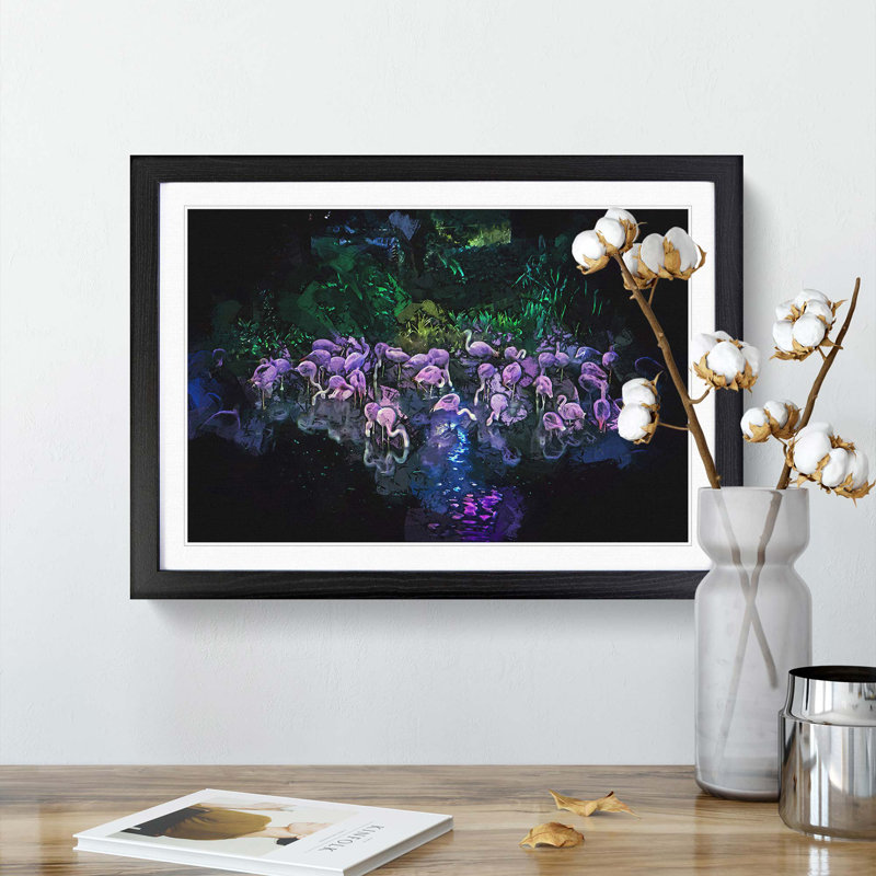 Neon Flamingos in Abstract - Framed Print, 36cm H x 48cm W x 2cm D, Black Framed