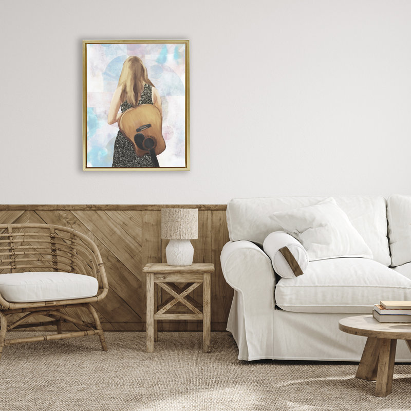 Cadre flottant Dreaming With My Guitare, design par Dan Meneely, Cadre flottant métallique doré, H 21 po x l 17 po