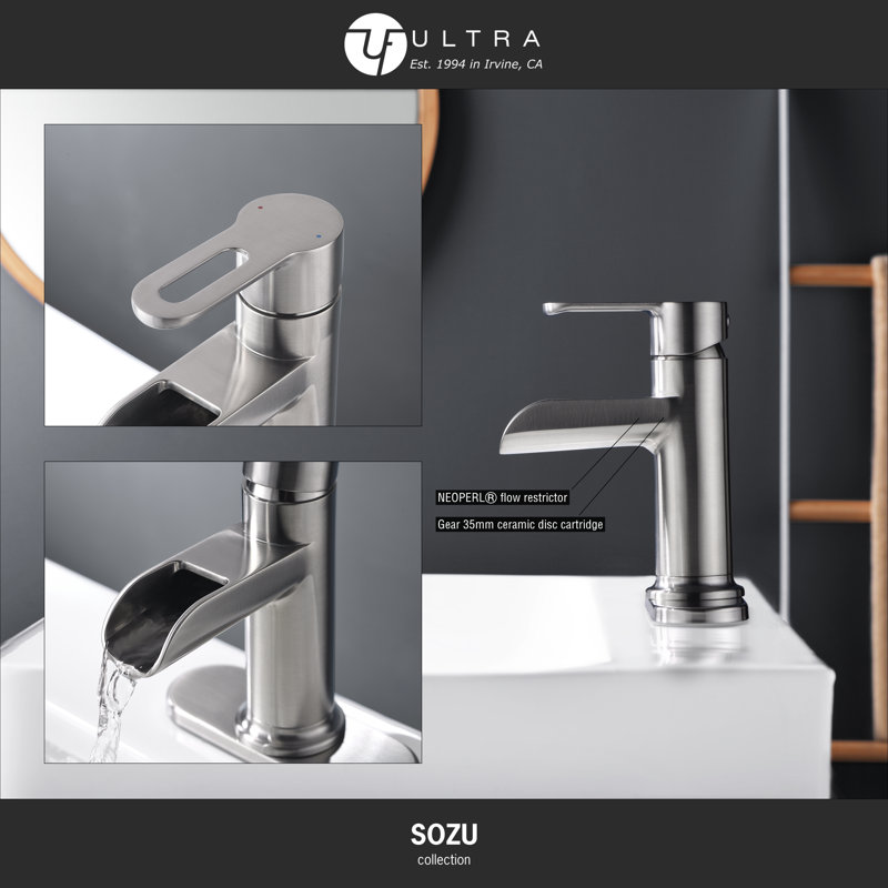Robinet de lavabo de salle de bain à poignée simple avec drain - collection Sozu - nickel brossé, Nickel brossé