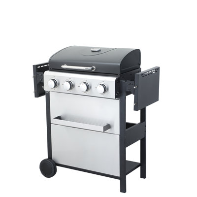 Outdoor Barbecue 4 Propane Grill, 34200Btu Output, #430 Ss Bottle Opener, Foldable Side Table Gas Table, Stainless Steel Thermometer, Wire Enamel Cooking Grids For Garden