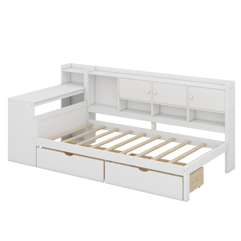 Wooden L-Shape Daybed With Storage Cabinets And Two Storage Drawers, Multi-Functional Bed With Study Desk And Built-In Bookshelf