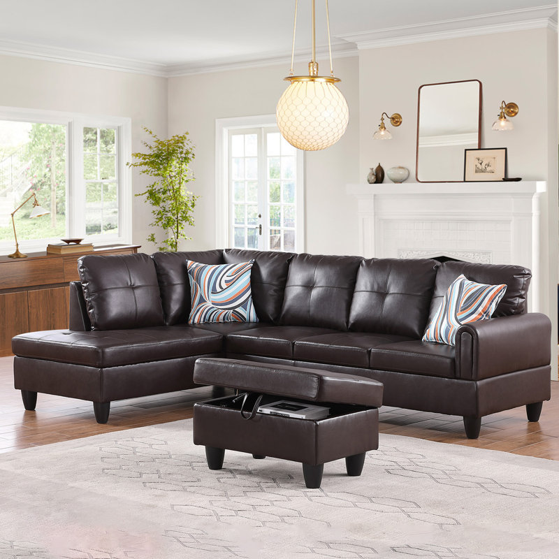 Jayzen 3 - Piece Vegan Sectional, Left Hand Facing, Brown Faux Leather, Black
