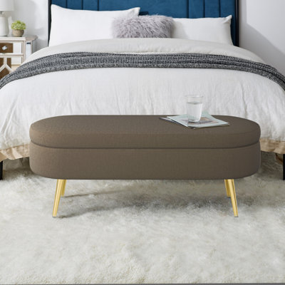 Banc de rangement ovale capitonné avec pieds en métal doré, pouf moderne de bout de lit pour chambre ou entrée, rose