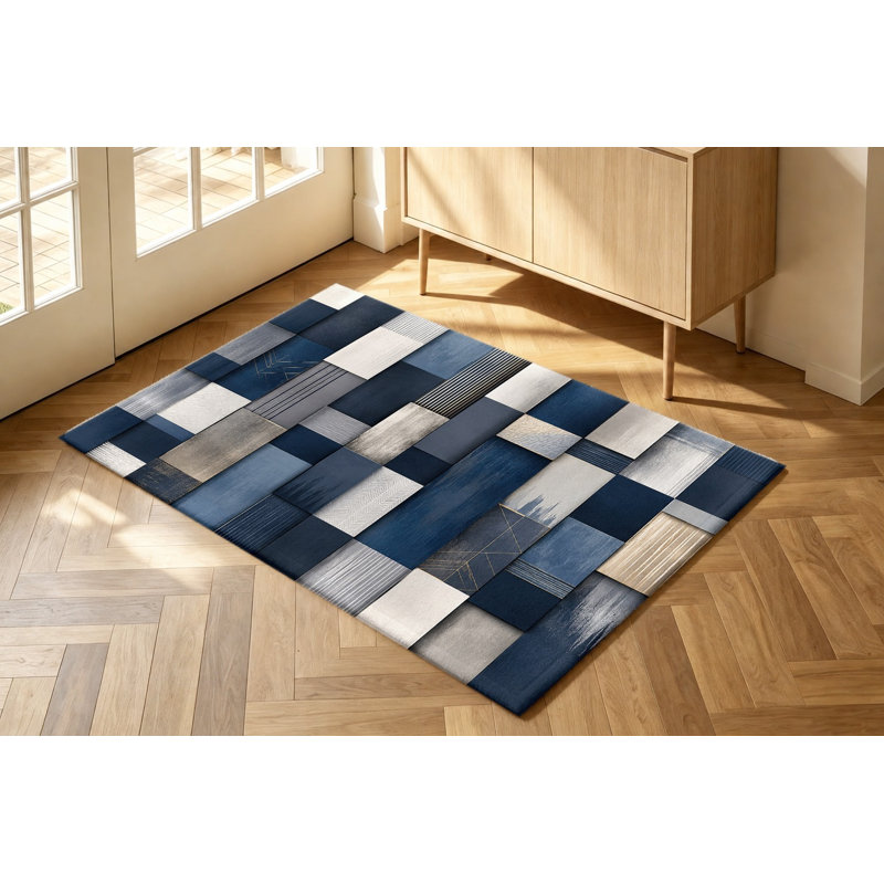 Tapis géométrique abstrait lavable à la machine avec envers antidérapant, motif patchwork bleu, gris et blanc, décoration intérieure confortable pour salon, chambre, entrée, cuisine, balcon, appartement