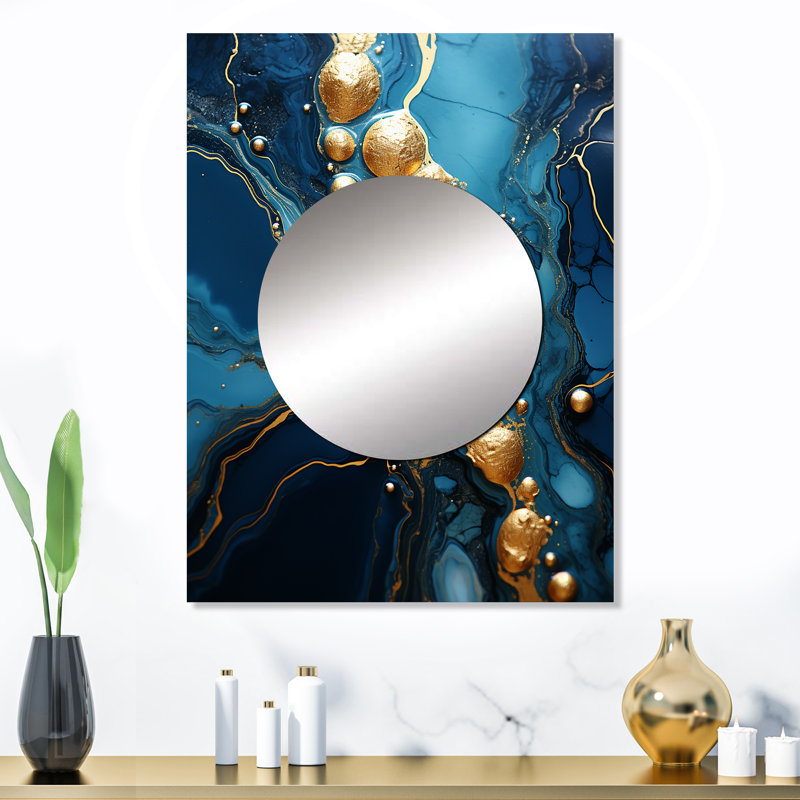 Makvala or et saphir bleu marbre mosaïque III - miroir décoratif abstrait, miroir mural doré, impression d'art en métal
