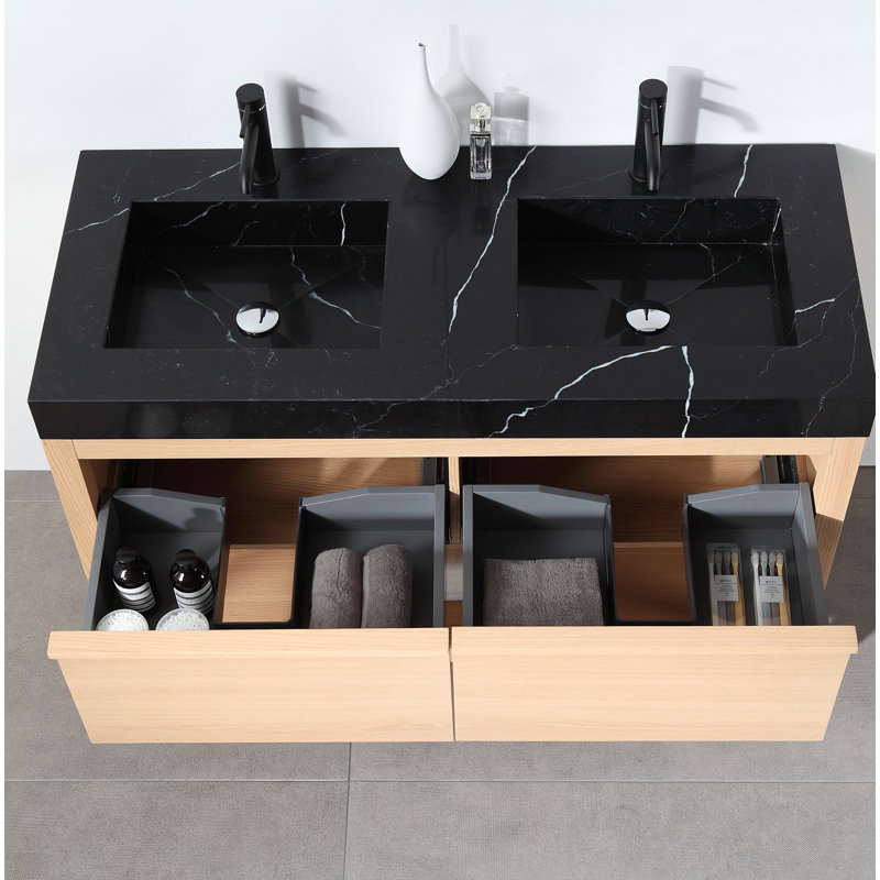 Ariane 48'' Natural Oak Veneer Plywood Double Bathroom Vanity with Engineered Quartz Top, Whitewash Oak
