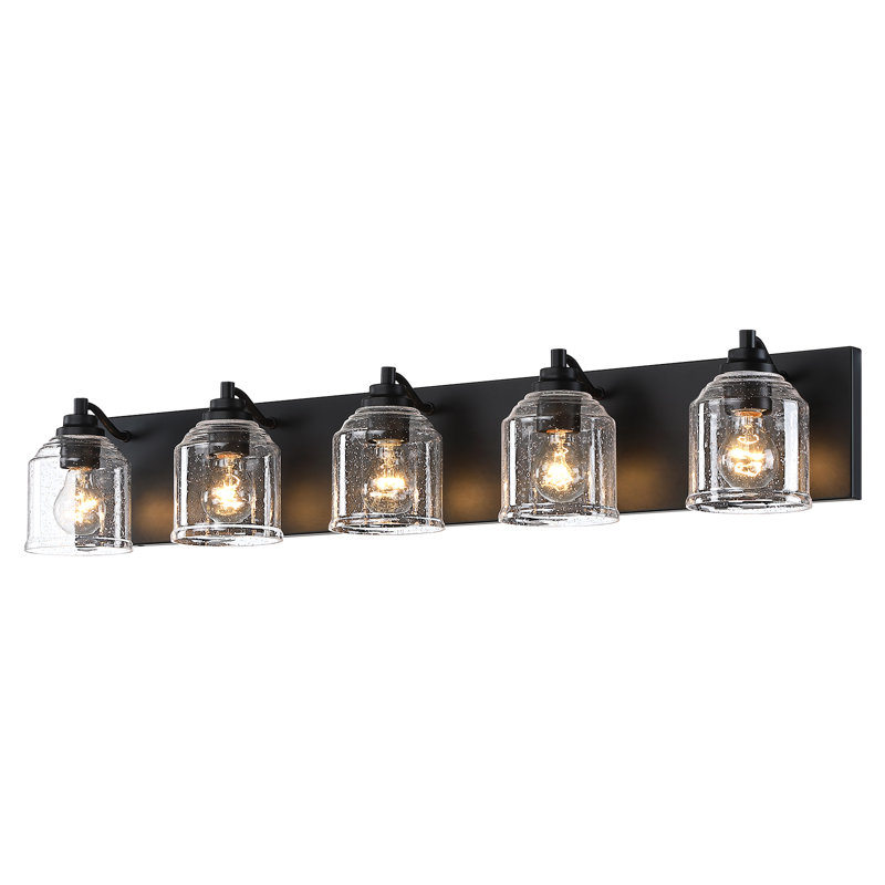 Modern Farmhouse Dimmable Bathroom Vanity Light with Seeded Glass and One-Piece Backplate, 5, Matte Black