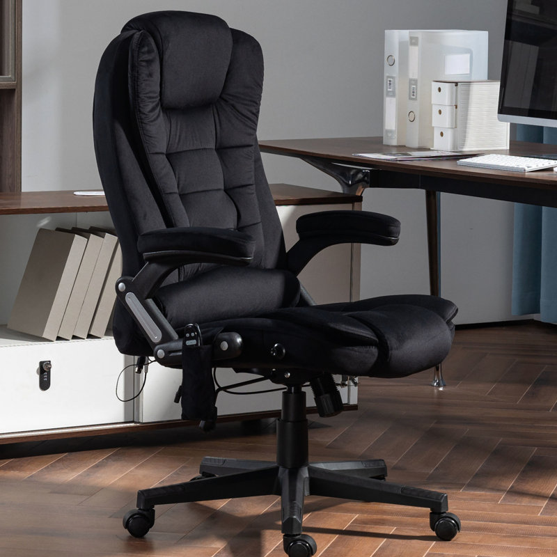 Fauteuil de bureau avec massage et chaleur, rembourré, hauteur de siège réglable, chauffage de bureau en velours noir 6 vibrations, siège, inclinable,