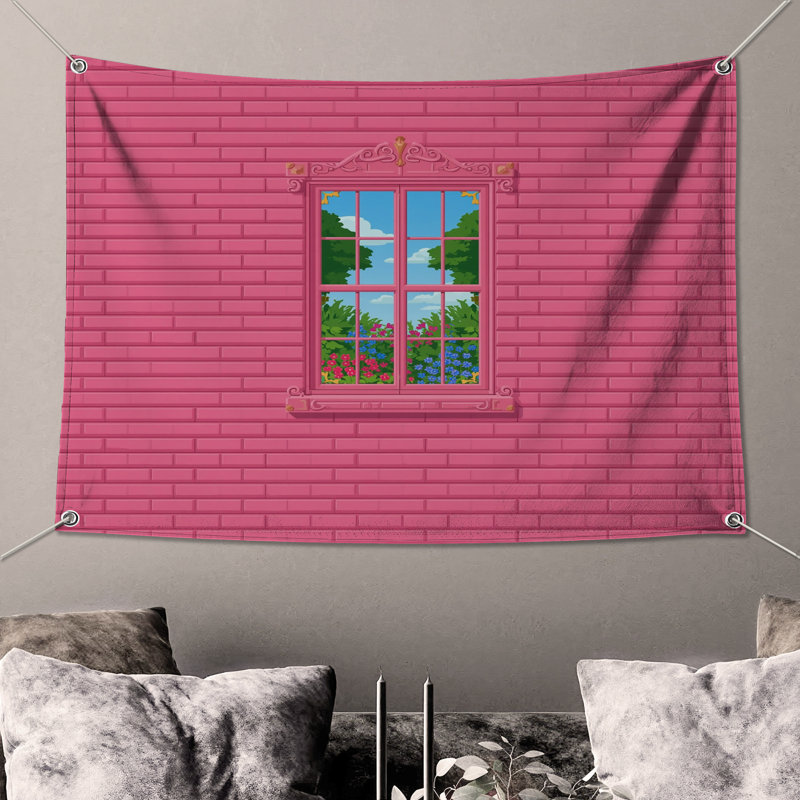 Tapisserie murale fenêtre rose brique - Décoration murale fenêtre, H 104 po x 88 avec 4 œillets