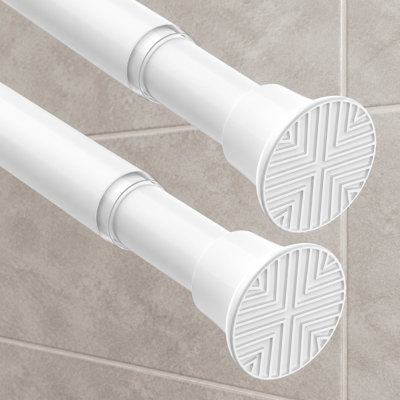 This 2 pack of white spring-tension rods adjusts from 31-76" and has a 7/8inch diameter, with a 6.6lbs max load; the no-drill shower rods work in doorways, closets, kitchens, bathrooms, and windows.
