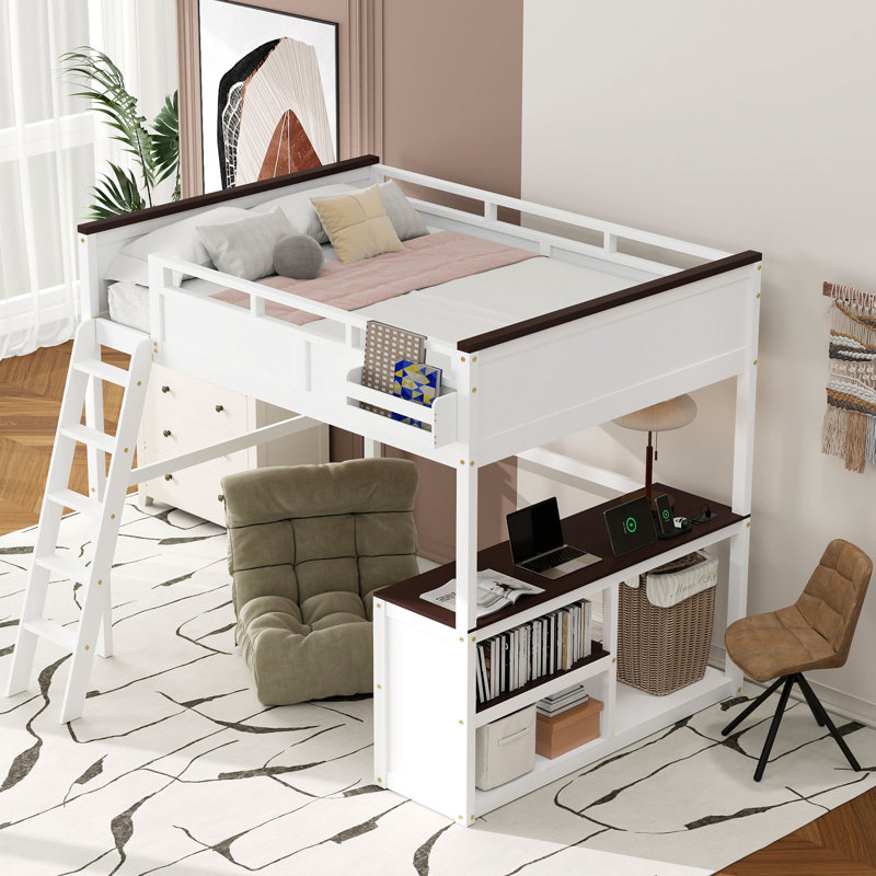 Grand lit mezzanine avec bureau, tablettes et boîte de rangement, station de charge USB, blanc