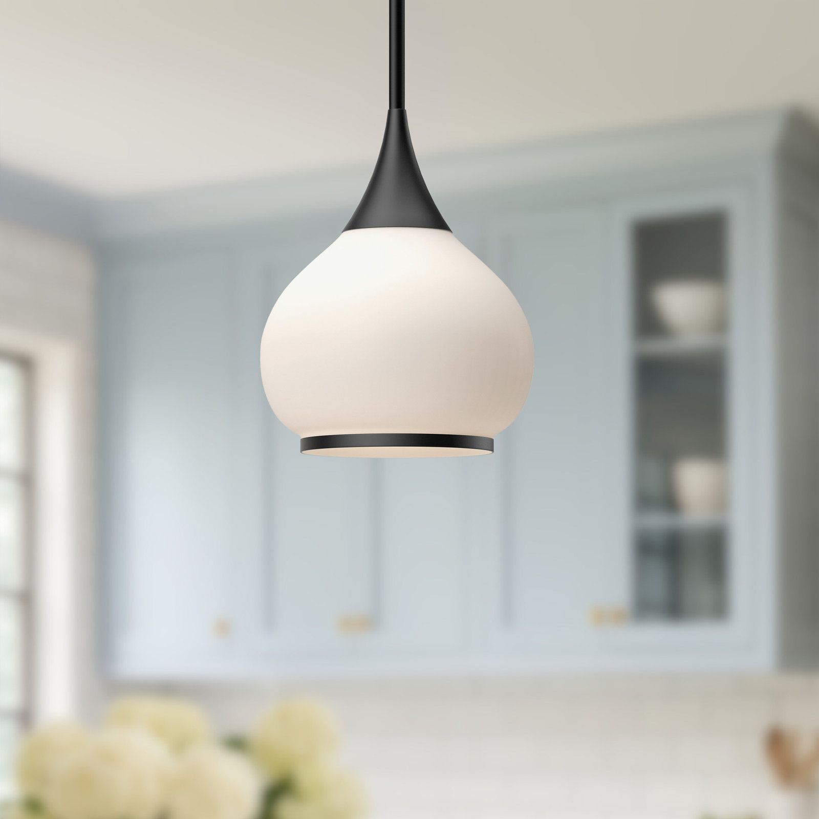 Hazel Single Light Glass Pendant, Matte Black, Opal, 63" H x 10" W x 10.13" D