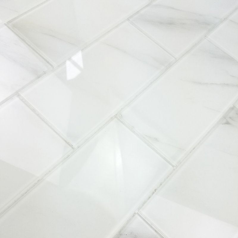 Nature 4 in. x 8 in. Marble Look Glass Straight Edge Subway Decorative Kitchen & Bathroom Wall Tile, Calacatta White