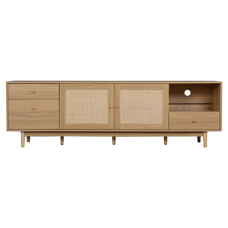 Bohemian TV Stand with Rattan Accents and Open Storage Media Console