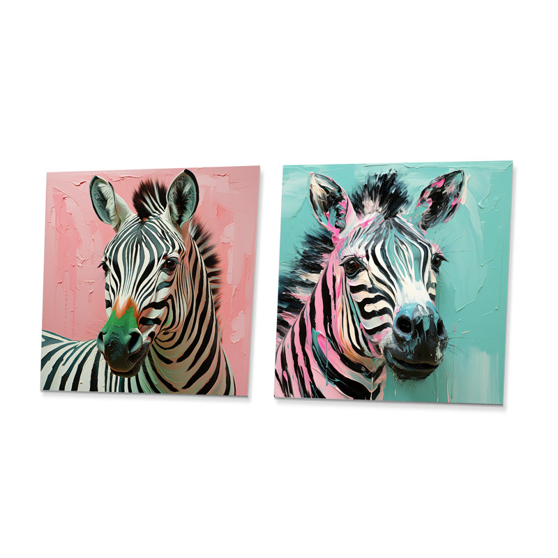 Rose et vert Boho Zebra I - ensemble de 2 carrés zébrés, H 23 po x l 46 po