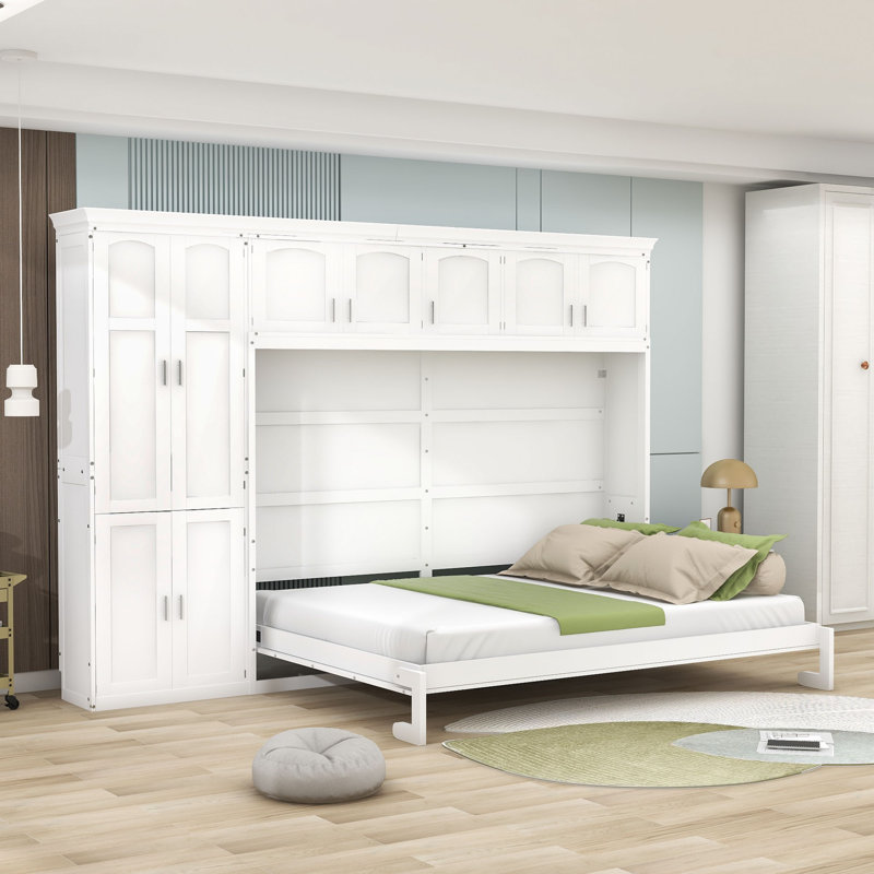 Queen Wood Frame Murphy Bed with Storage, White