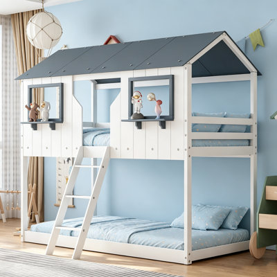Twin Over Twin Bunk Bed With Playhouse Design, Guardrails, And Ladder, Maximizing Space And Safety For Kids