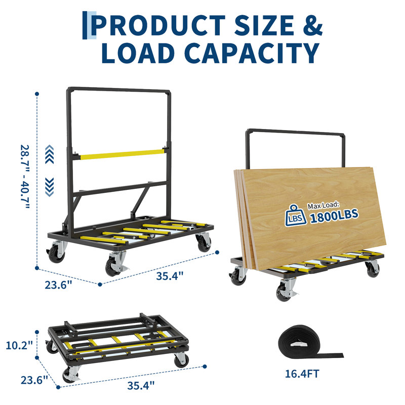 Chariot de transport de 1800 lb, chariot pliable pour panneaux de gypse et contreplaqué avec roulettes pivotantes, plateforme extensible et sangle de fixation pour verre, plaque de plâtre ou grands panneaux
