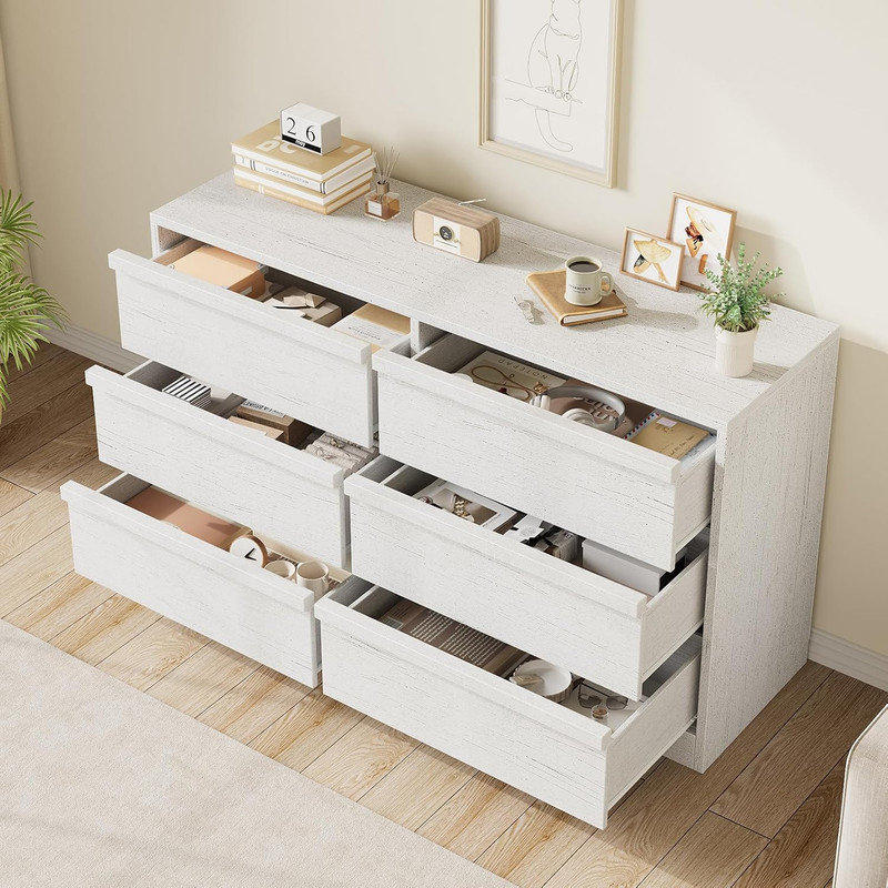 6-Drawer Dresser – 47” Wide Wooden Chest for Bedroom, Large Storage Organizer for Living Room, Entryway, Nursery, Closet